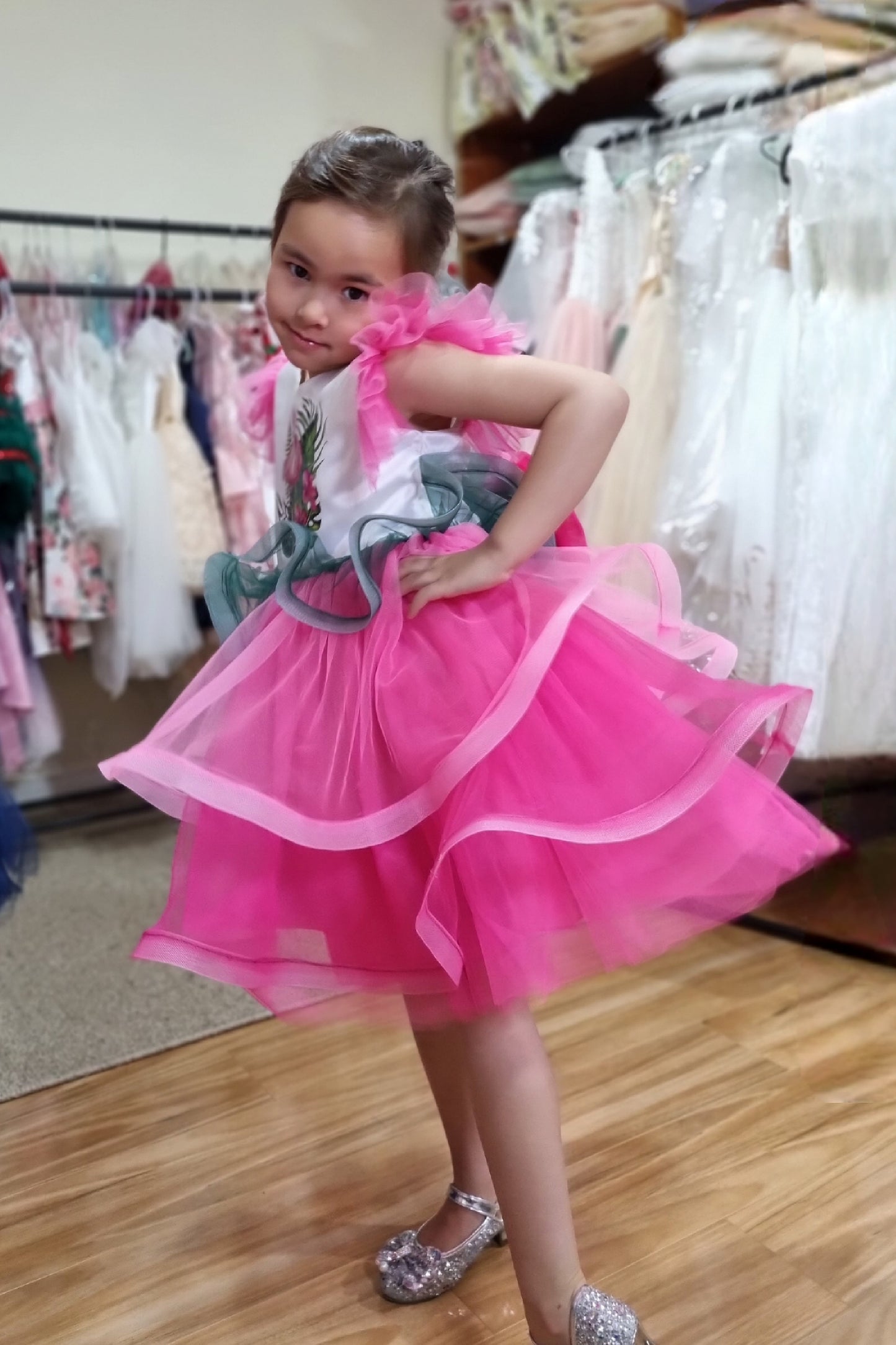 Barbie Inspired Pink Flamingo Print Birthday, Costume Party Dress LPD092