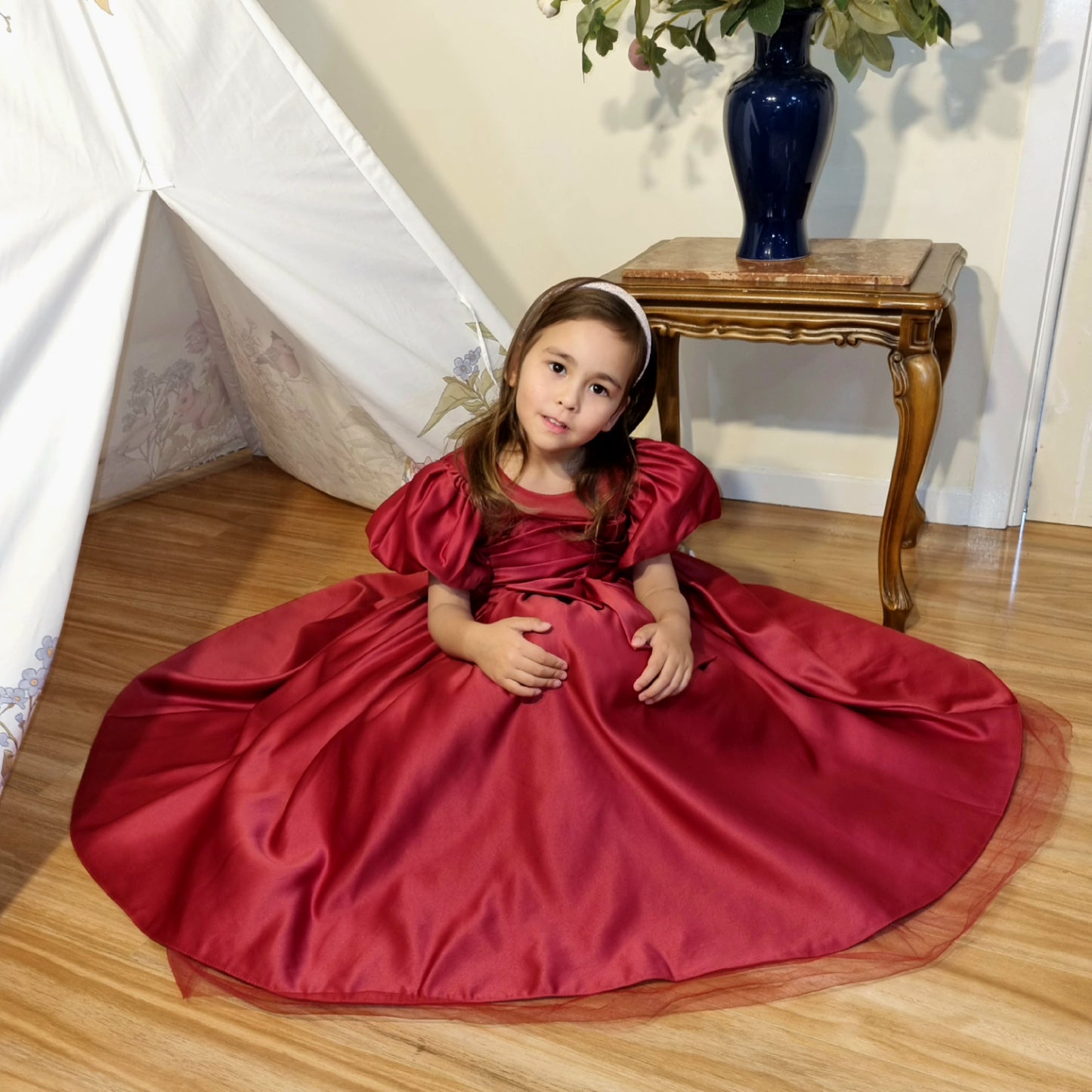 Ruby Red Satin Birthday, Christmas Fancy Ball Gown- LPD005