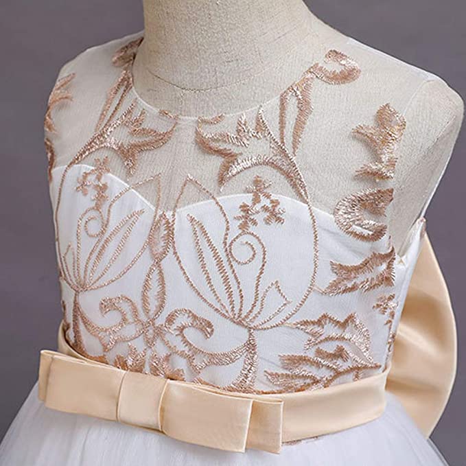 Eloise White Gold Embroidery Flower Girl, Formal Occasion Dress - LPD048