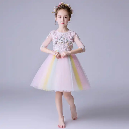 Ayla Junior Sleeves Birthday Rainbow Tulle Dress- LPD069
