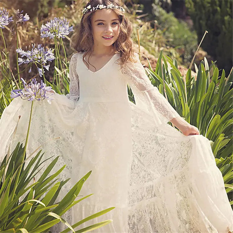 Eliza White Flower Girl, Holy Communion, Boho-Chic Lace Dress- LPD002