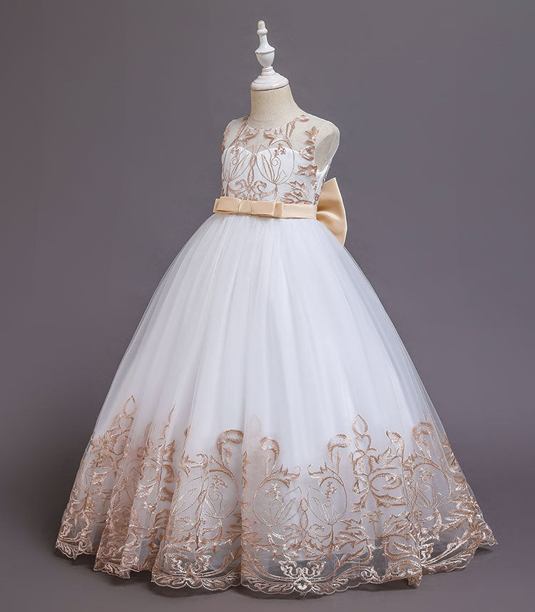 Eloise White Gold Embroidery Flower Girl, Formal Occasion Dress - LPD048
