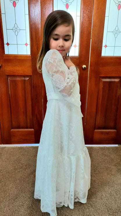 Eliza White Flower Girl, Holy Communion, Boho-Chic Lace Dress- LPD002