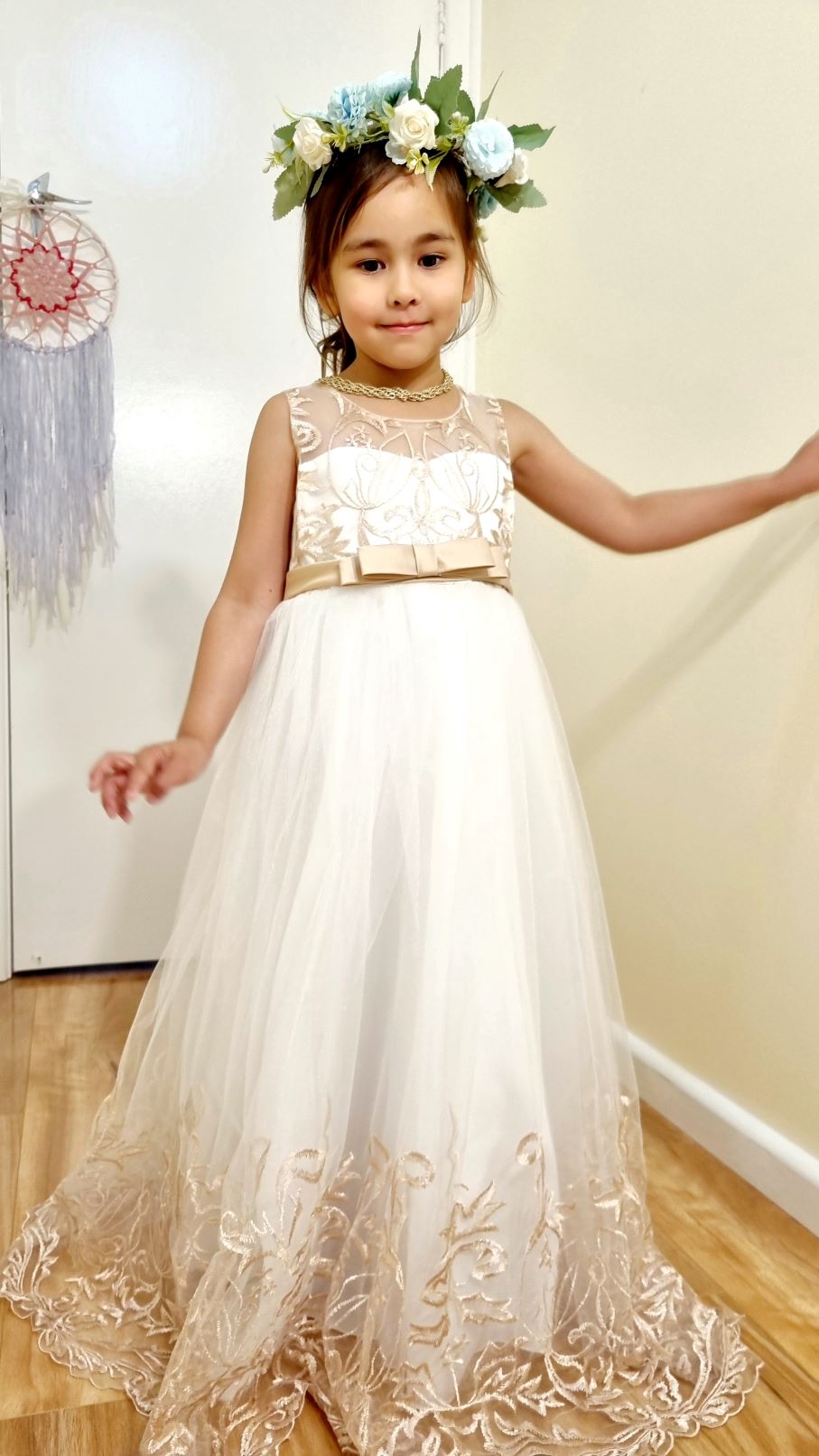 Eloise White Gold Embroidery Flower Girl, Formal Occasion Dress - LPD048