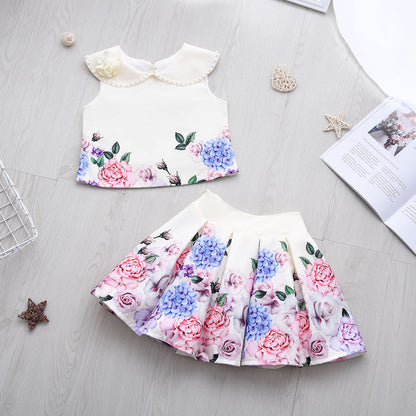 Hydrangea Print 2 Piece Set Blouse and Skirt- LPD062